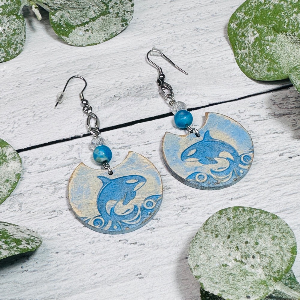 Orca Whale Ocean Wave Dangle Earrings Blue Wood Beach Coastal Handmade - Picture 4 of 7